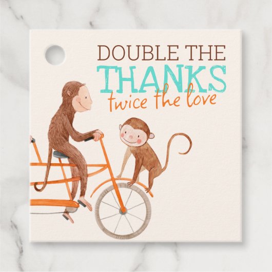 Twins Baby shower Schattige Monkey Double Trouble Bedankjes Labels (Voorkant)