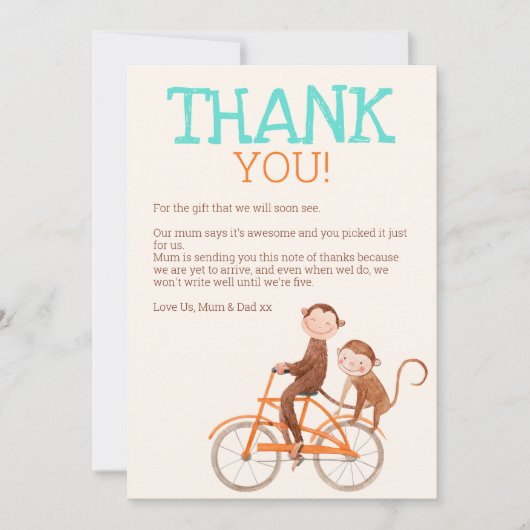 Twins Baby shower Schattige Monkey Double Trouble Bedankkaart (Voorkant)