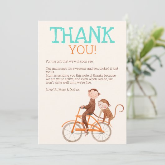 Twins Baby shower Schattige Monkey Double Trouble Bedankkaart (Staand voorkant)