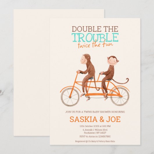 Twins Baby shower Schattige Monkey Double Trouble Kaart (Voorkant / Achterkant)