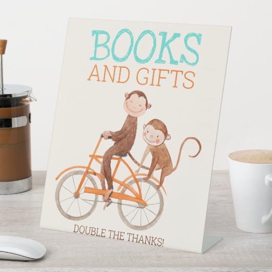 Twins Baby shower Schattige Monkey Double Trouble Reclamebord Met Voetstuk (Insitu)