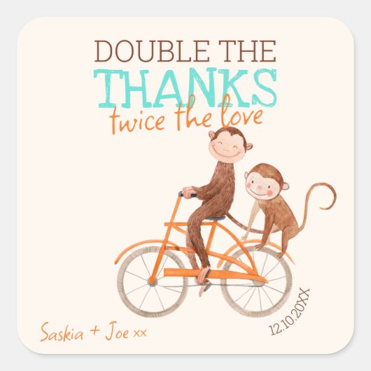 Twins Baby shower Schattige Monkey Double Trouble Vierkante Sticker (Voorkant)
