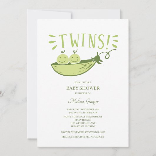 Twins Baby shower Two Peas in a Pod Invitation Kaart (Voorkant)