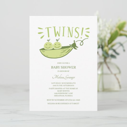Twins Baby shower Two Peas in a Pod Invitation Kaart (Staand voorkant)