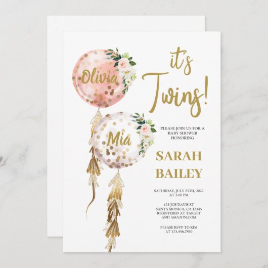 Twins Baby shower Uitnodiging Meisjes (Voorkant / Achterkant)