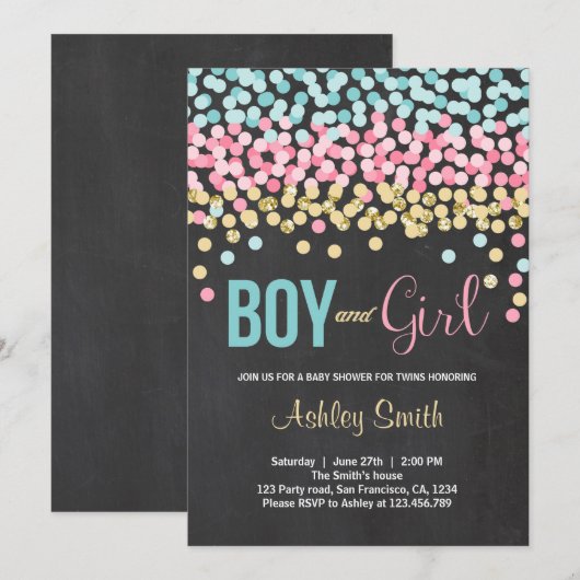 Twins Baby shower Uitnodiging roze blauw Jongen Me (Voorkant / Achterkant)