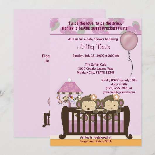 TWINS Baby shower-UITNODIGING Wieg Kaart (Voorkant / Achterkant)