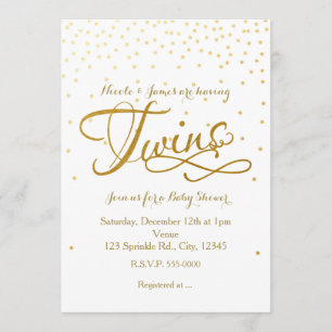 TWINS Baby Shower Uniseks Wit & Gouden Uitnodiging