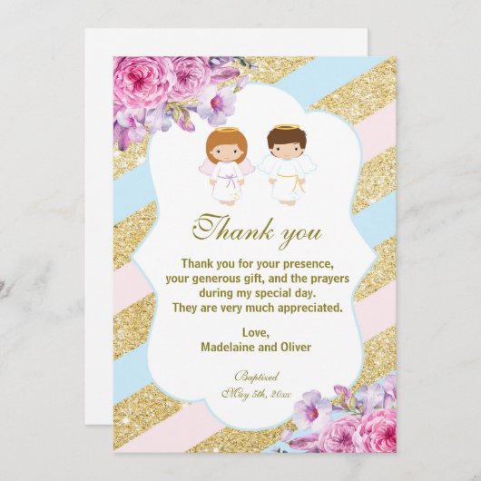 Twins Baptism Communauteit Dank u wel kaarten Ange (Voorkant / Achterkant)