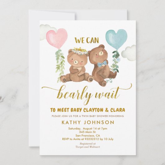 Twins Bear Balloon Baby Shower Invitation Kaart (Voorkant)