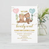Twins Bear Balloon Baby Shower Invitation Kaart (Staand voorkant)