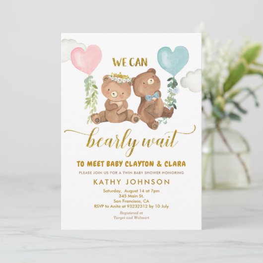 Twins Bear Balloon Baby Shower Invitation Kaart (Staand voorkant)