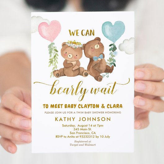 Twins Bear Balloon Baby Shower Invitation Kaart