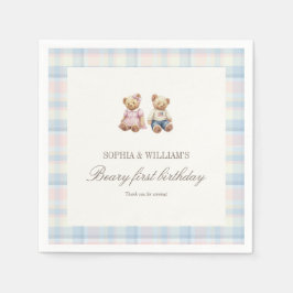 Twins Beary First Birthday Napkins | Pink Blue Servet