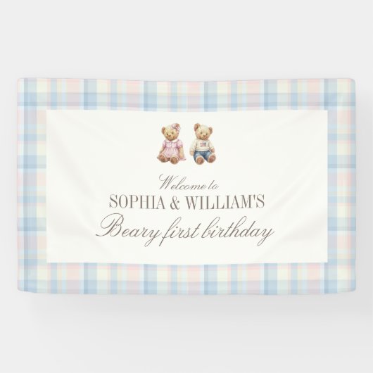 Twins Beary First Teddy Bear Birthday Banner (Horizontaal)