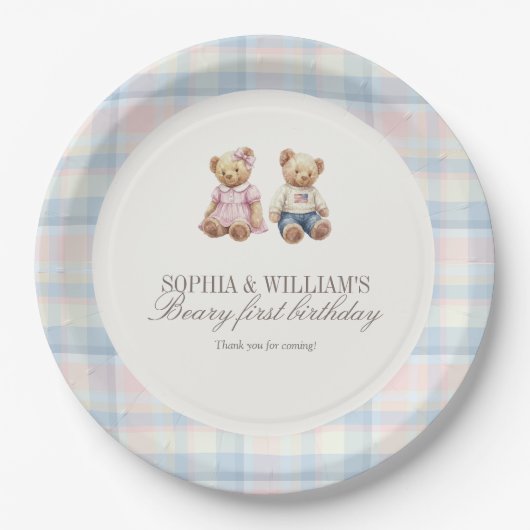 Twins Beary First Teddy Bear Birthday Plates  Papieren Bordje (Voorkant)