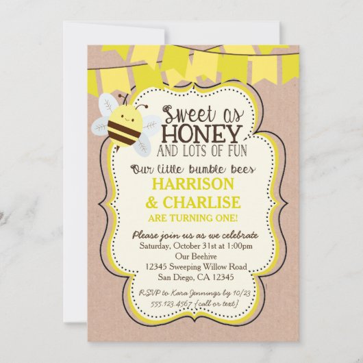 Twins Bee Birthday Uitnodiging voor jongen of meis (Voorkant)