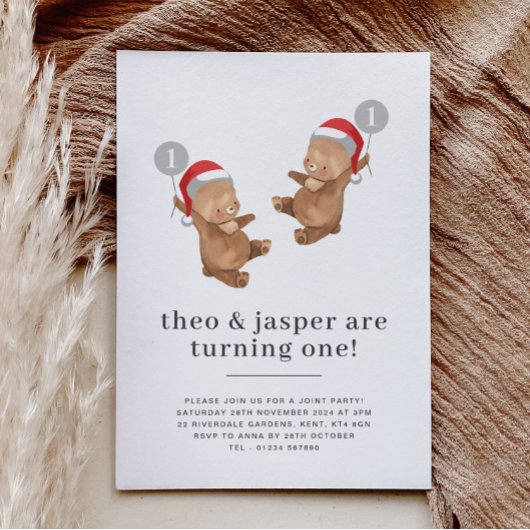 Twins Beer Balloon Santa Hat Eerste Verjaardag Kaart