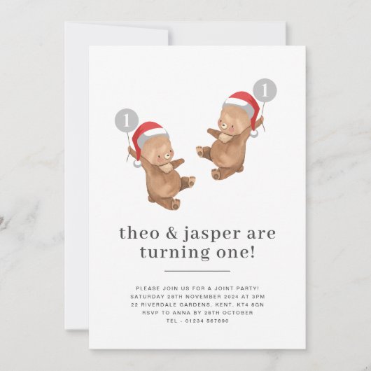 Twins Beer Balloon Santa Hat Eerste Verjaardag Kaart (Voorkant)