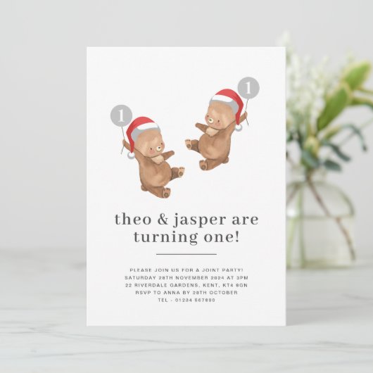 Twins Beer Balloon Santa Hat Eerste Verjaardag Kaart (Staand voorkant)