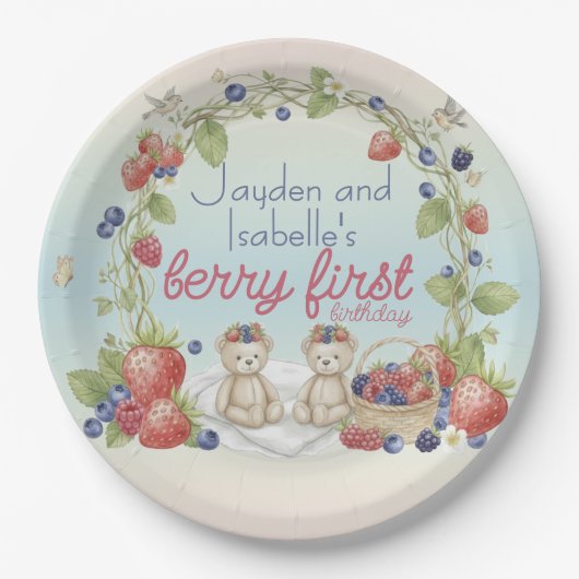 Twins Berry First 1st Birthday Party Paper Plate Papieren Bordje (Voorkant)