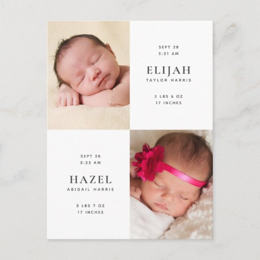 Twins Birth Announcement Briefkaart (Voorkant)