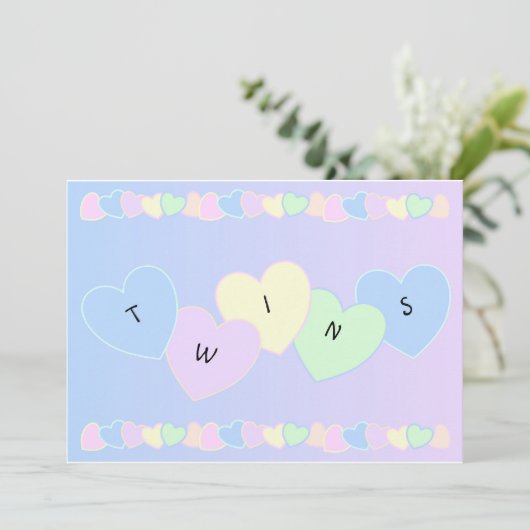 Twins Birth Announcement Hearts Aankondiging (Staand voorkant)