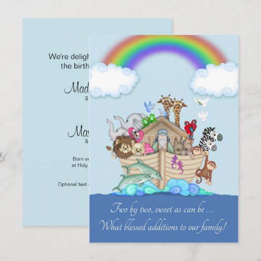 Twins Birth Announcement - Noah's Ark Aankondiging (Voorkant / Achterkant)