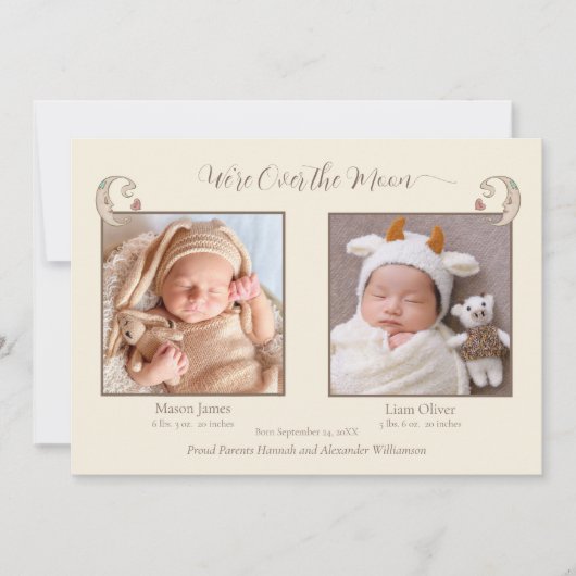 Twins Birth Announounding over de Moon Photo Card Aankondiging (Voorkant)