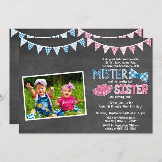 Twins Birthday Invitation | Mister en zuster Kaart (Voorkant / Achterkant)
