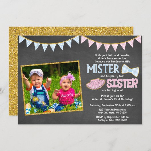 Twins Birthday Invitation | Mister en zuster Kaart (Voorkant / Achterkant)