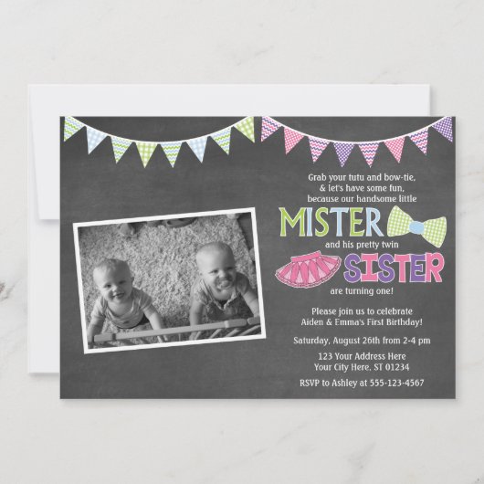 Twins Birthday Invitation - Tutus and Stropdassen  Kaart (Voorkant)