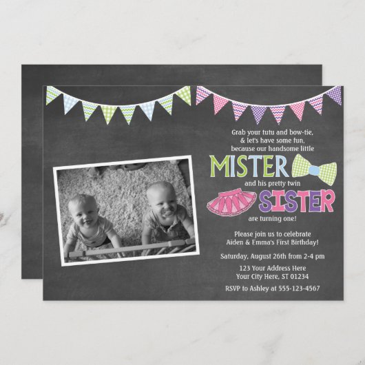 Twins Birthday Invitation - Tutus and Stropdassen  Kaart (Voorkant / Achterkant)