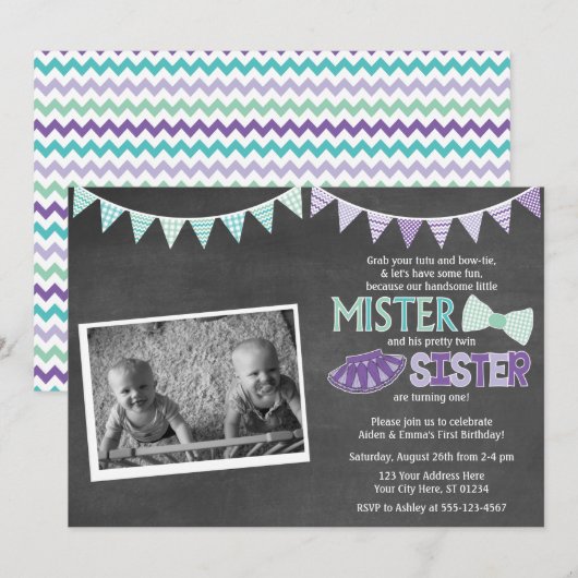 Twins Birthday Invitation | Tutus en Stropdassen Kaart (Voorkant / Achterkant)