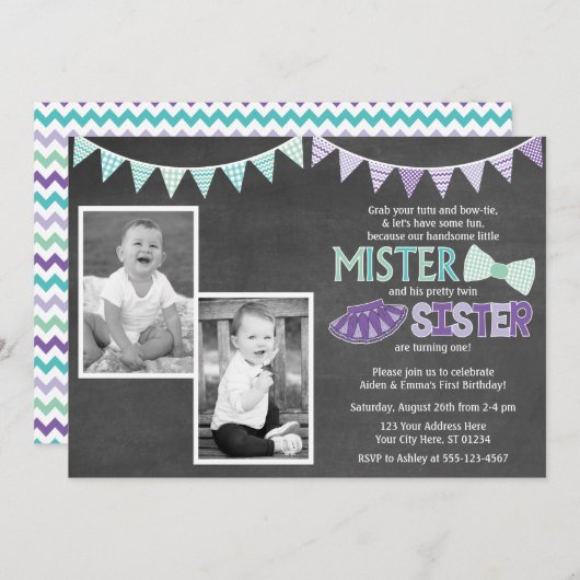 Twins Birthday Invitation | Tutus en Stropdassen Kaart (Voorkant / Achterkant)