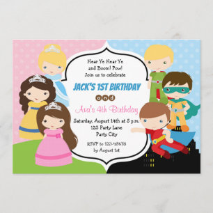 Twins Birthday Invitations (Princess Superheld) Kaart