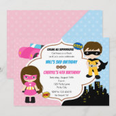 Twins Birthday Invitations (Superheld Boy Girl) Kaart (Voorkant / Achterkant)