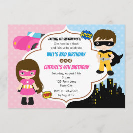 Twins Birthday Invitations (Superheld Boy Girl) Kaart