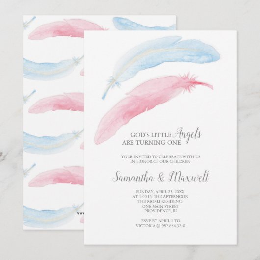 Twins Birthday Little Angel Invitation Kaart (Voorkant / Achterkant)