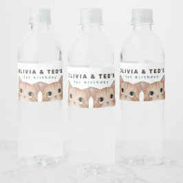 Twins Birthday party met mooie kittens Waterfles Etiket