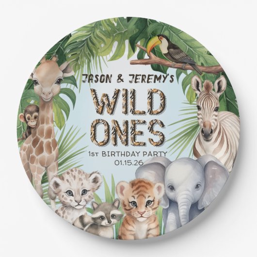 Twins Blauw wild één oerwoud 1e verjaardag Papieren Bordje (Voorkant)