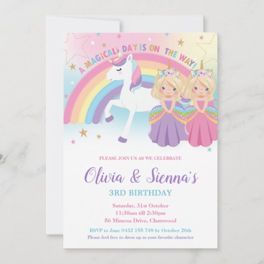 Twins Blondine Prinsessen en Eenhoorn Verjaardagsf Kaart (Voorkant)