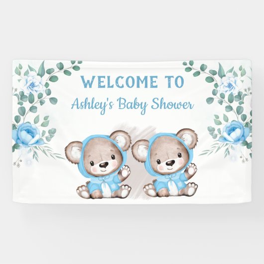 Twins Blue Beer Floral Custom Baby shower Spandoek (Horizontaal)