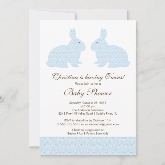Twins Blue Damask Bunny Baby shower Invitation Kaart (Voorkant)
