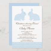 Twins Blue Damask Bunny Baby shower Invitation Kaart (Voorkant / Achterkant)