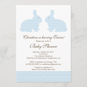 Twins Blue Damask Bunny Baby shower Invitation Kaart