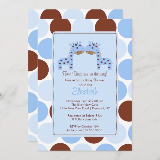Twins Blue Giraffe Multiple Baby shower Invitation Kaart (Voorkant / Achterkant)