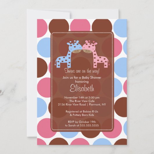 Twins Blue & Pink Giraffe Baby shower Invitation Kaart (Voorkant)