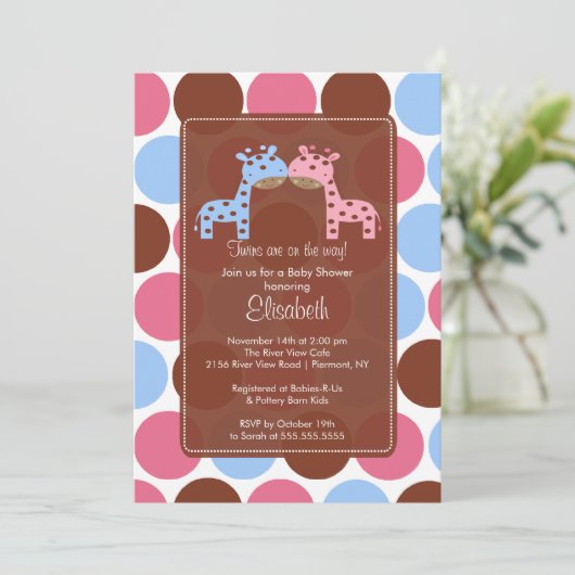 Twins Blue & Pink Giraffe Baby shower Invitation Kaart (Staand voorkant)
