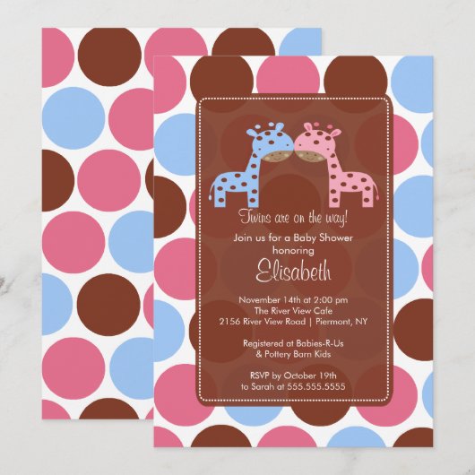 Twins Blue & Pink Giraffe Baby shower Invitation Kaart (Voorkant / Achterkant)